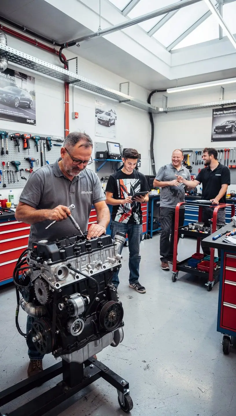 Vue rapprochée d’un moteur automobile en cours de révision complète dans un atelier spécialisé.
